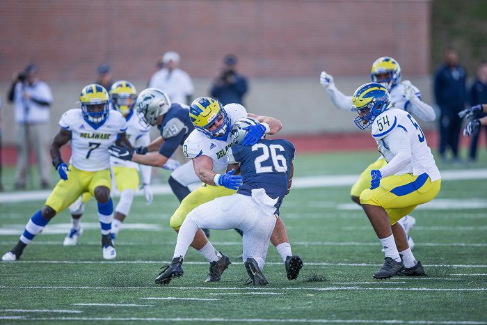 University of Delaware's Troy Reeder makes a tackle against New Hampshire